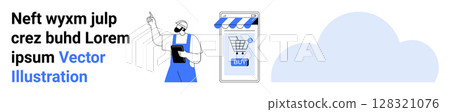 Shopkeeper pointing at text, digital storefront with shopping cart icon and buy button, blue cloud shape. Ideal for e-commerce, digital marketing, online shopping, web design, business presentations 128321076