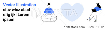 Two women represent balance one meditates peacefully, and the other works on a laptop. A large heart symbolizes harmony. Ideal for wellness, productivity, mindfulness, self-care, mental health Two women represent balance one meditates peacefully, and the other works on a laptop. A large heart symbolizes harmony. Ideal for wellness, productivity, mindfulness, self-care, mental health 128321104