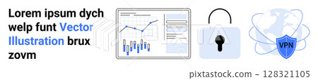 Business data analytics charts, security lock, VPN shield, world map. Ideal for cybersecurity, VPN services, online privacy, data analysis, global connectivity, internet security, technology. Landing 128321105