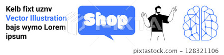 Shop displayed in a blue speech bubble, abstract brain illustration on the right, person pointing fingers upwards. Ideal for online shopping, technology, artificial intelligence, ecommerce, modern Shop displayed in a blue speech bubble, abstract brain illustration on the right, person pointing fingers upwards. Ideal for online shopping, technology, artificial intelligence, ecommerce, modern 128321106