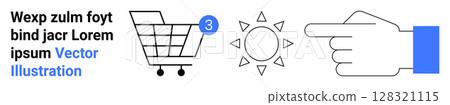 Shopping cart with notification indicator, sun icon, pointing hand. Ideal for e-commerce, weather apps, navigation, notifications, minimalist designs, user interfaces, mobile apps. Landing page Shopping cart with notification indicator, sun icon, pointing hand. Ideal for e-commerce, weather apps, navigation, notifications, minimalist designs, user interfaces, mobile apps. Landing page 128321115