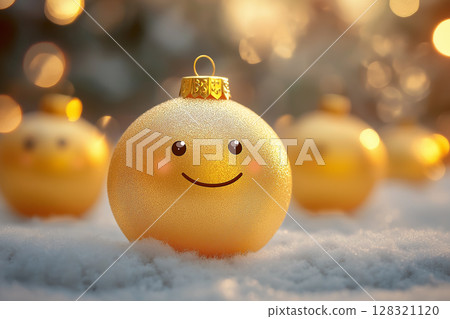 Golden ornament with smile in snowy winter glow, perfect Christmas decoration for festive cheer 128321120