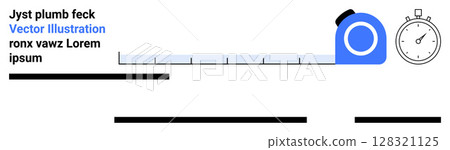 Tape measure extended, positioned next to an analog stopwatch, accompanied by black horizontal lines. Ideal for project planning, construction, engineering, tools, time management, efficiency 128321125