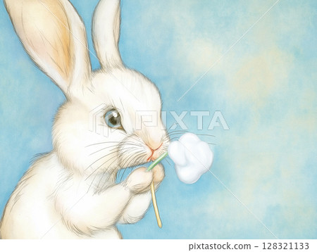 Cute white rabbit holding cotton candy with blue pastel background illustration Cute white rabbit holding cotton candy with blue pastel background illustration 128321133