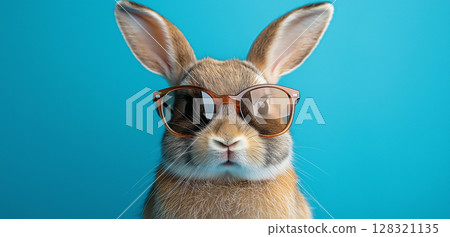 Adorable rabbit wearing stylish glasses in a vibrant blue background, with fashion flair. 128321135