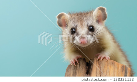 Cute animal portrait with whiskers, fur, and ears on a wood background in nature 128321138
