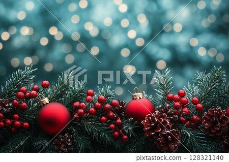 Christmas holiday festive decor with ornaments and pine, featuring red berries and winter celebration 128321140
