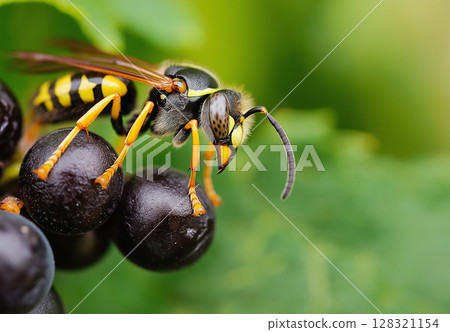 Macro closeup of a wasp insect on black berries with vibrant nature background 128321154