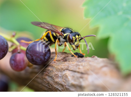 Macro photo of a wasp on grapes with nature details and colorful background Macro photo of a wasp on grapes with nature details and colorful background 128321155