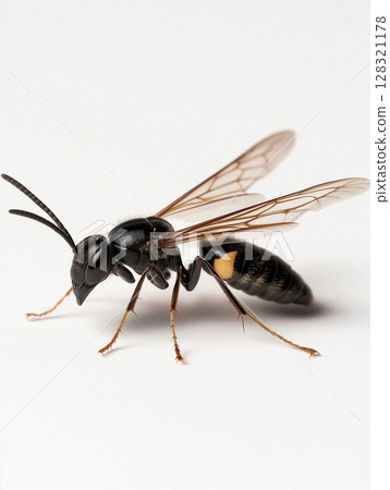 Macro black wasp insect displaying natural wings and sting in closeup danger fly view Macro black wasp insect displaying natural wings and sting in closeup danger fly view 128321178
