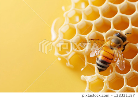 Bee on honeycomb with honey, yellow background featuring insect, nature, sweet, and honeybee 128321187