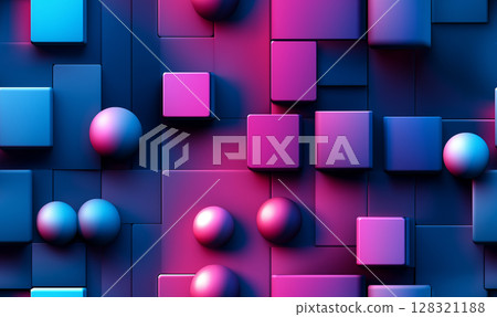 Colorful geometric abstract background with 3D cubes and spheres in blue and pink tones Colorful geometric abstract background with 3D cubes and spheres in blue and pink tones 128321188