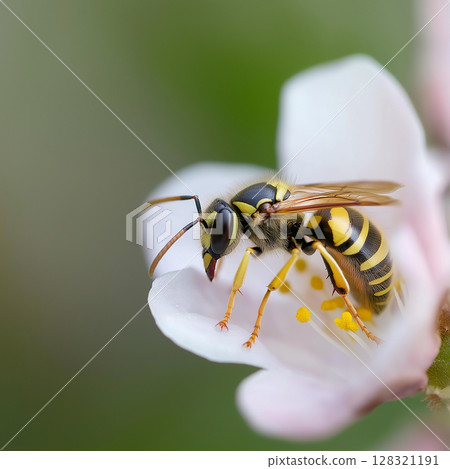 Insect on flower showcasing nature in macro closeup with wildlife and yellow details Insect on flower showcasing nature in macro closeup with wildlife and yellow details 128321191