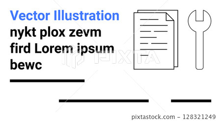 Blueprint layout featuring a wrench icon and a document with placeholder text. Ideal for technical manuals, business reports, educational content, DIY guides, construction, engineering, and software 128321249