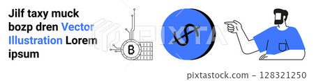 Cryptocurrency bitcoin network element, dollar sign on blue circle, and bearded man pointing. Ideal for fintech blogs, digital wallets, user guides, financial apps, investment websites, blockchain Cryptocurrency bitcoin network element, dollar sign on blue circle, and bearded man pointing. Ideal for fintech blogs, digital wallets, user guides, financial apps, investment websites, blockchain 128321250