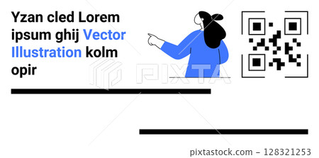 Businesswoman in blue attire pointing to a QR code. Ideal for business, technology, marketing, advertisements, promotions, educational content, and web design. Banner for landing page 128321253