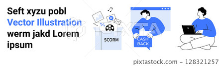 Three scenes person with laptop, SCORM file conversion, and cash back screen. Ideal for business, education, e-learning, marketing, technology, customer loyalty, digital transformation themes Three scenes person with laptop, SCORM file conversion, and cash back screen. Ideal for business, education, e-learning, marketing, technology, customer loyalty, digital transformation themes 128321257