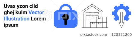 Large blue padlock, warehouse with boxes, and gear with downward arrow symbolize security, storage, and optimization. Ideal for supply chain management, inventory control, digital security, logistics Large blue padlock, warehouse with boxes, and gear with downward arrow symbolize security, storage, and optimization. Ideal for supply chain management, inventory control, digital security, logistics 128321260