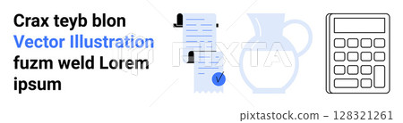 Documents with paper scrolls and checkmarks, a jug, and a calculator. Ideal for business reports, financial planning, office decor, presentations, education materials, infographics, web design 128321261