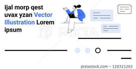 Office worker using a laptop with multiple chat bubbles and text elements. Ideal for modern communication, remote work, digital collaboration, minimalism, productivity, business, workforce. Landing 128321262