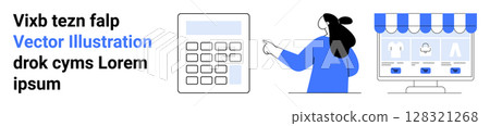 Woman pointing at calculator and storefront on desktop. Ideal for e-commerce, financial planning, online shopping, small businesses, digital marketing, financial services, educational tools. Banner 128321268