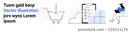 Shopping cart symbol, checklist on clipboard, person with laptop on stacked boxes. Ideal for online shopping, e-commerce platforms, order management, customer service, inventory control, sales 128321276