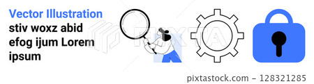 Person examining with a magnifying glass, a gear icon, and a lock symbol. Ideal for security, technology, analysis, research, investigation, protection, and privacy themes. Banner for landing page Person examining with a magnifying glass, a gear icon, and a lock symbol. Ideal for security, technology, analysis, research, investigation, protection, and privacy themes. Banner for landing page 128321285