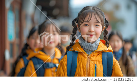 Happy primary school children in the street. Back-to-school illustration. 128321295