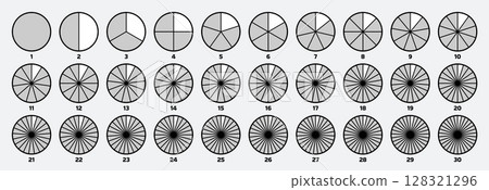 Segmented circles. Circular segmentation diagrams with varying numbers of segments, pie charts and fractions visualization. Slice graphs for data presentation vector set 128321296