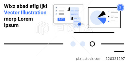 Payment icons, pie charts, and text elements combine in a seamless, minimalistic layout. Ideal for fintech, business analytics, financial reports, digital payments, investment strategies, data 128321297