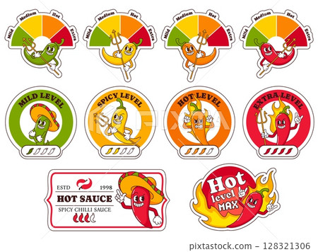 Spice level labels. Chili peppers heat indicators with mild, spicy, hot and extra levels, spicy sauce label with cartoon pepper mascot. isolated vector templates set 128321306