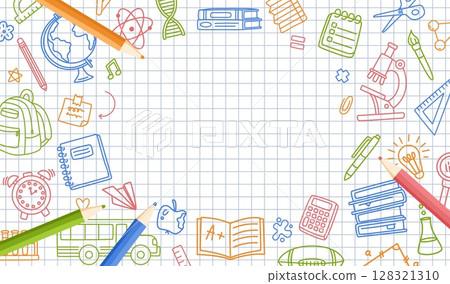 Doodle back to school frame. Educational border with hand drawn school items and colorful pencils on grid paper. Sketch stationery background for classroom, academic or student vector banner Doodle back to school frame. Educational border with hand drawn school items and colorful pencils on grid paper. Sketch stationery background for classroom, academic or student vector banner 128321310