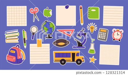 Back to school stickers. Doodle paper note, notebook, school bus, microscope and globe, scissors and star sticker, pen and pencil. Educational elements for student or classroom decor vector set 128321314