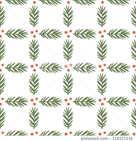 Seamless Christmas pattern with fir branches and red berries. Minimalist winter holiday design on white background. Seamless Christmas pattern with fir branches and red berries. Minimalist winter holiday design on white background. 128321316