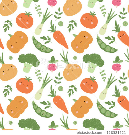 Seamless pattern with cute vegetables and herbs. Kawaii style cartoon broccoli, tomato, pumpkin, onion, carrot, radish, peas, and greenery on white background. 128321321
