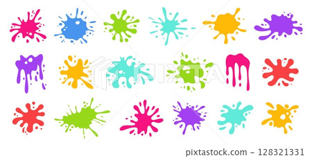 Organic paint splatter shapes. Ink blobs, hand drawn splat and soft liquid amorphous silhouettes. Colorful dynamic splash with droplets visual effects isolated vector set 128321331