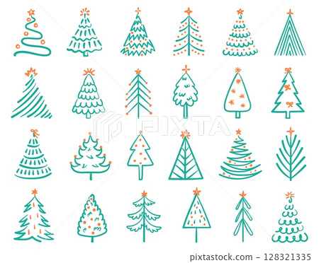 Hand drawn christmas tree. Festive winter holiday tree doodles with decorative stars and ribbon bows. Abstract Xmas ornament, minimalist isolated vector illustrations set 128321335