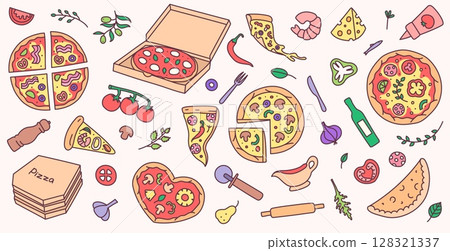 Hand drawn pizza. Italian calzone, pizza box with margherita, topping ingredients, cartoon sliced pizzas and kitchen tools. Colorful doodle isolated vector illustration set 128321337