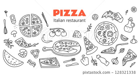 Doodle pizza banner. Italian restaurant, pizzeria branding with hand drawn pizza, topping ingredients and kitchen tools. Minimalist vector illustration 128321338
