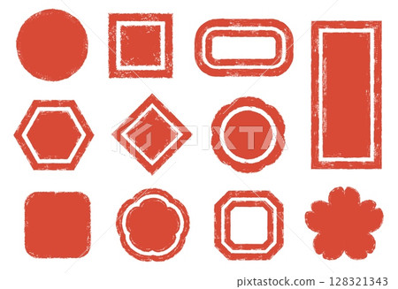 Japanese style stamp frames. Distressed terracotta stamp circle, square, lotus flower and rectangle shapes with grunge texture. Hand stamped effect border backgrounds vector set 128321343