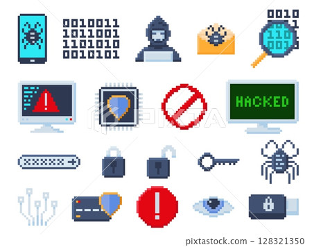 Pixel art cybersecurity icons. Pixelated computer virus, cyber hacker, password lock and encryption. Computer code, secure chip with antivirus shield and digital security 8 bit vector set 128321350