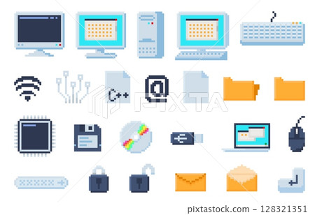 Pixel art computer icons. Tech devices, pixelated computer keyboard and screen, digital file, retro disk, security lock, email, safe and folder symbols. Office equipment 8 bit vector set 128321351