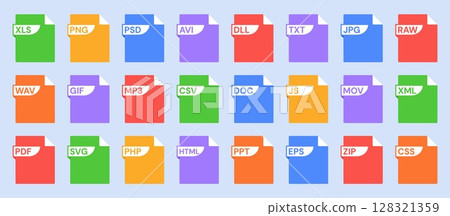Stencil file format icons with PDF, JPG and MP3, JS and XML, DLL and SVG, CSV and PSD, PNG and DOC labels. File types with document extension for UI and UX. Vector set Stencil file format icons with PDF, JPG and MP3, JS and XML, DLL and SVG, CSV and PSD, PNG and DOC labels. File types with document extension for UI and UX. Vector set 128321359