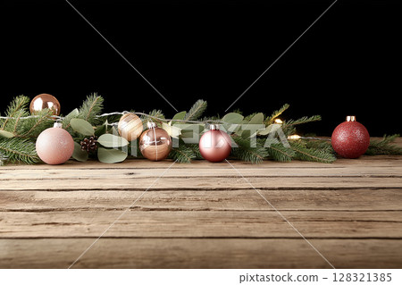 Christmas ornaments decor festive holiday on wooden background with balls and greenery glow Christmas ornaments decor festive holiday on wooden background with balls and greenery glow 128321385