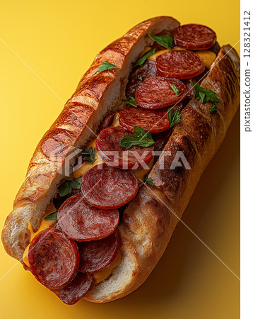 Delicious sandwich with salami, bread, mustard, and parsley on a vibrant yellow background 128321412