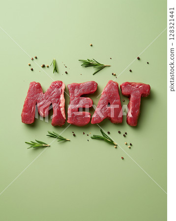 Fresh meat arranged with herbs and spices on a green background for a culinary display 128321441
