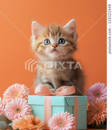 Siberian kitten with a gift box and flowers on orange background, showcasing cute and fluffy pet Siberian kitten with a gift box and flowers on orange background, showcasing cute and fluffy pet 128321449