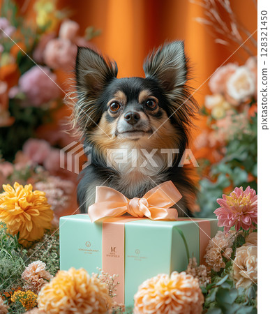 Adorable Chihuahua dog portrait with flowers, gift box, and ribbon in a colorful floral background Adorable Chihuahua dog portrait with flowers, gift box, and ribbon in a colorful floral background 128321450