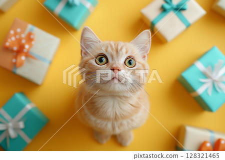British Shorthair Cat with Gifts: An Adorable Orange Kitten with Ginger Fur and Big Eyes 128321465