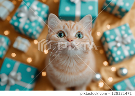 Adorable British Shorthair kitten with gifts, Christmas presents, and festive holiday decorations 128321471